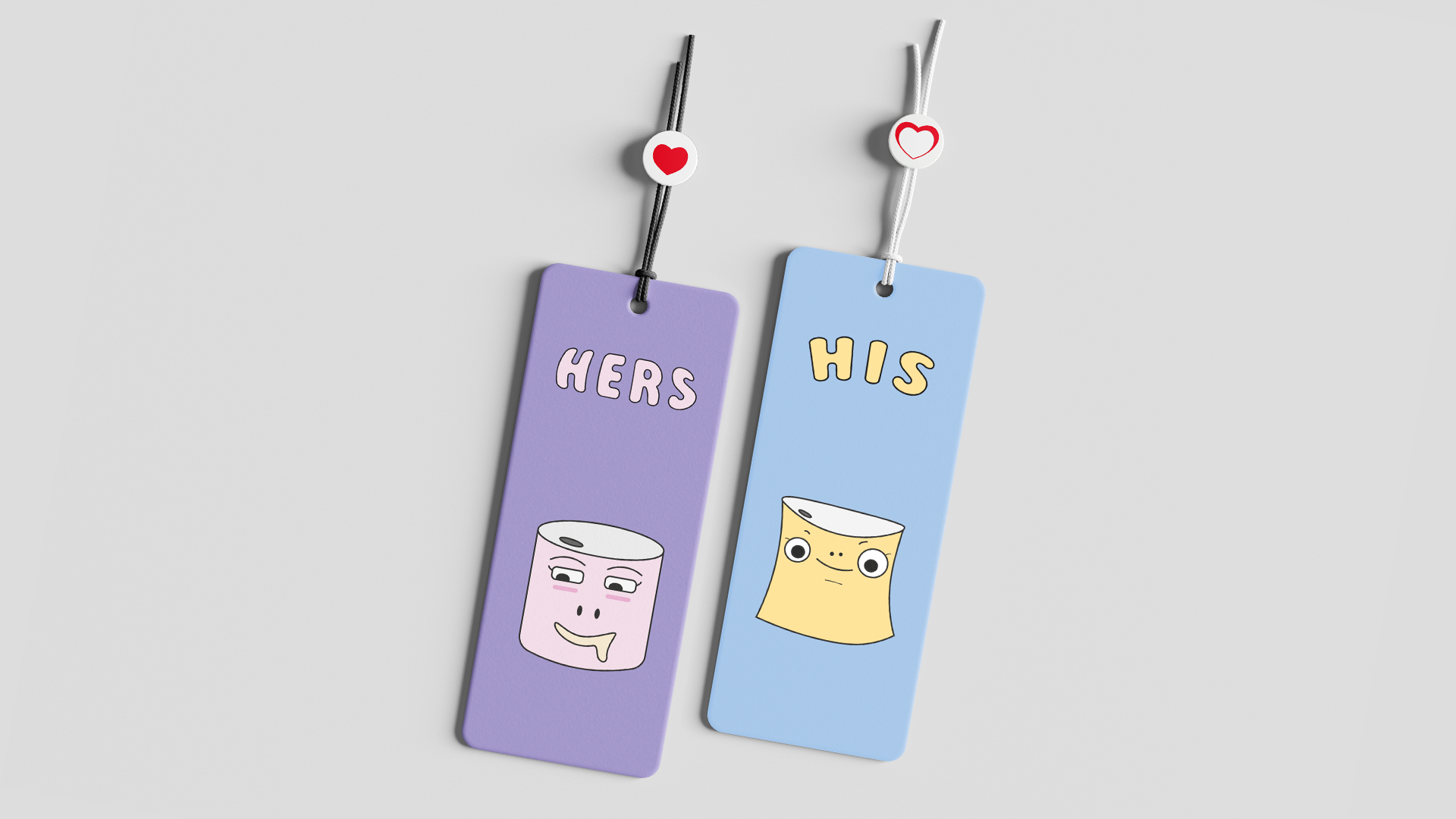 mockup of a tag with she and he soda cans