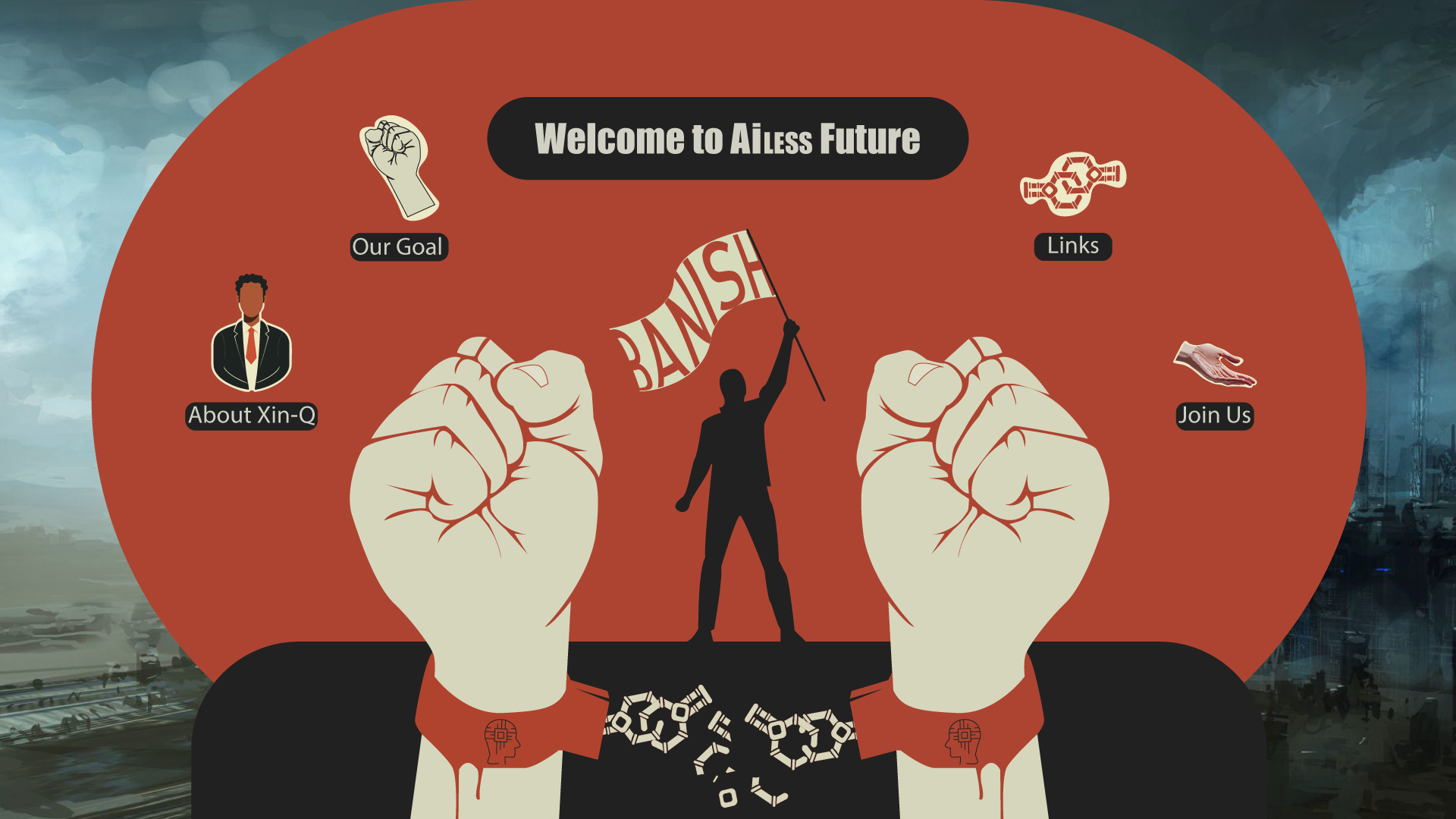 One page website with a man holding flag and 2 big arms reaking robot chains