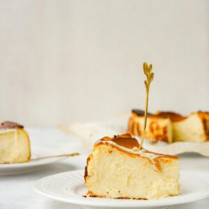 A image of a slice of seared cheesecake.